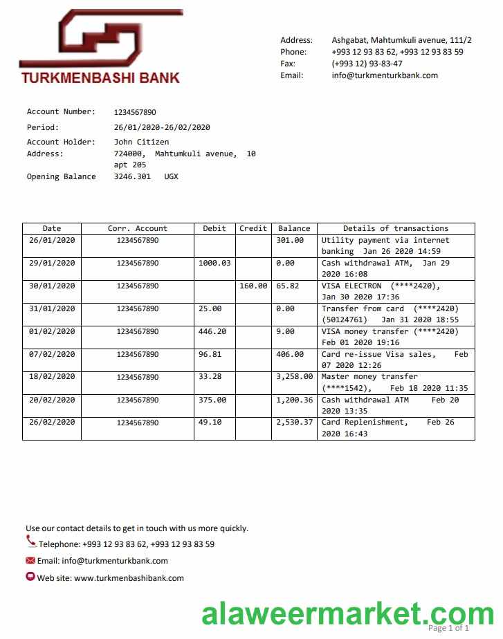 Turkmenistan Turkmenbashi Bank statement template, Word and PDF format (.doc and .pdf)